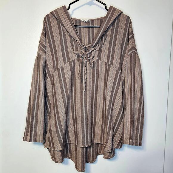 KyeMi Hippie Boho V-Neck Hoodie - Brown Striped Pullover, Women's Size M - Picture 1 of 6